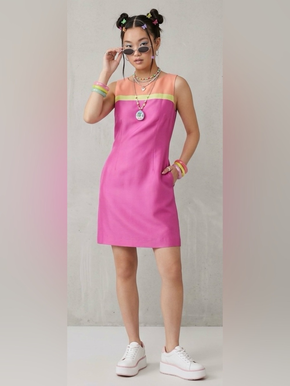 Vintage 90s Y2K 100% Silk Striped Fully Lined Sleeveless Dress Size 6 Neon